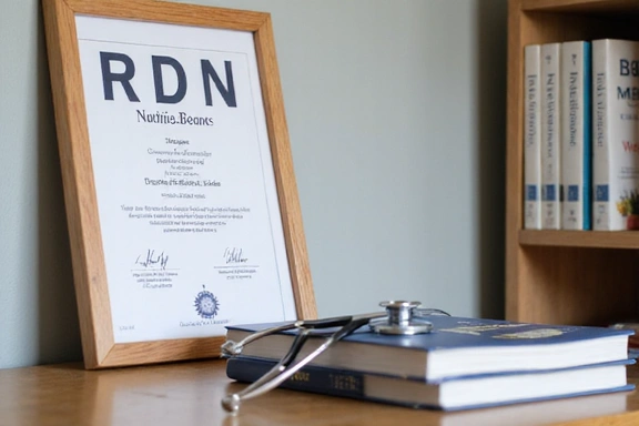 A framed certificate of a Registered Dietitian Nutritionist (RDN) on a wall, alongside a stack of professional nutrition books and a stethoscope.