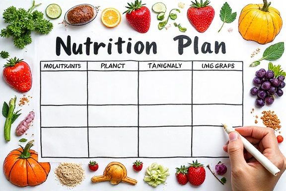 A hand drawing a personalized nutrition plan on a whiteboard, surrounded by colorful healthy food illustrations.
