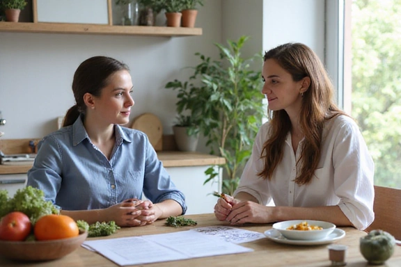Nutritionist explaining a healthy diet plan to a client in a bright, modern office setting, with fresh fruits and vegetables on the table.