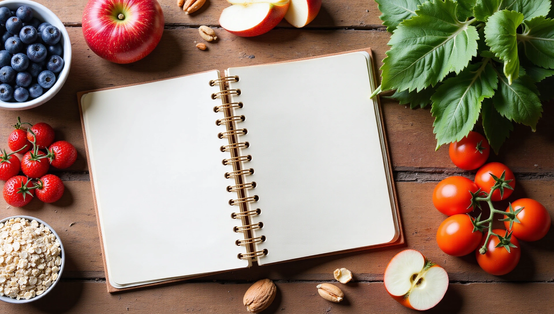 Open notebook with healthy food items around it, suggesting learning and recipes