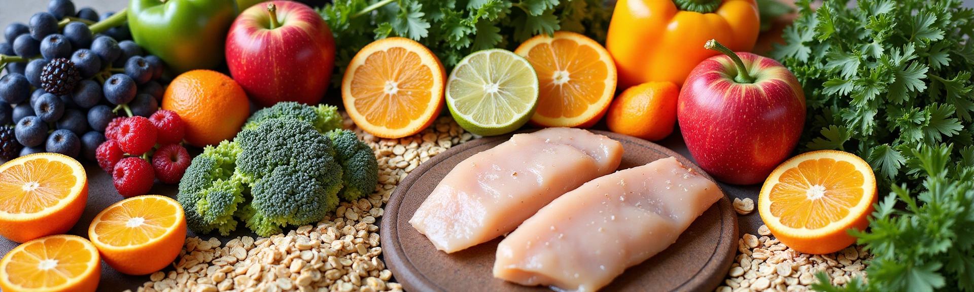 A vibrant array of healthy food items including fresh fruits, vegetables, grains, and lean proteins, artfully arranged to represent various dietary needs and personalized nutrition.